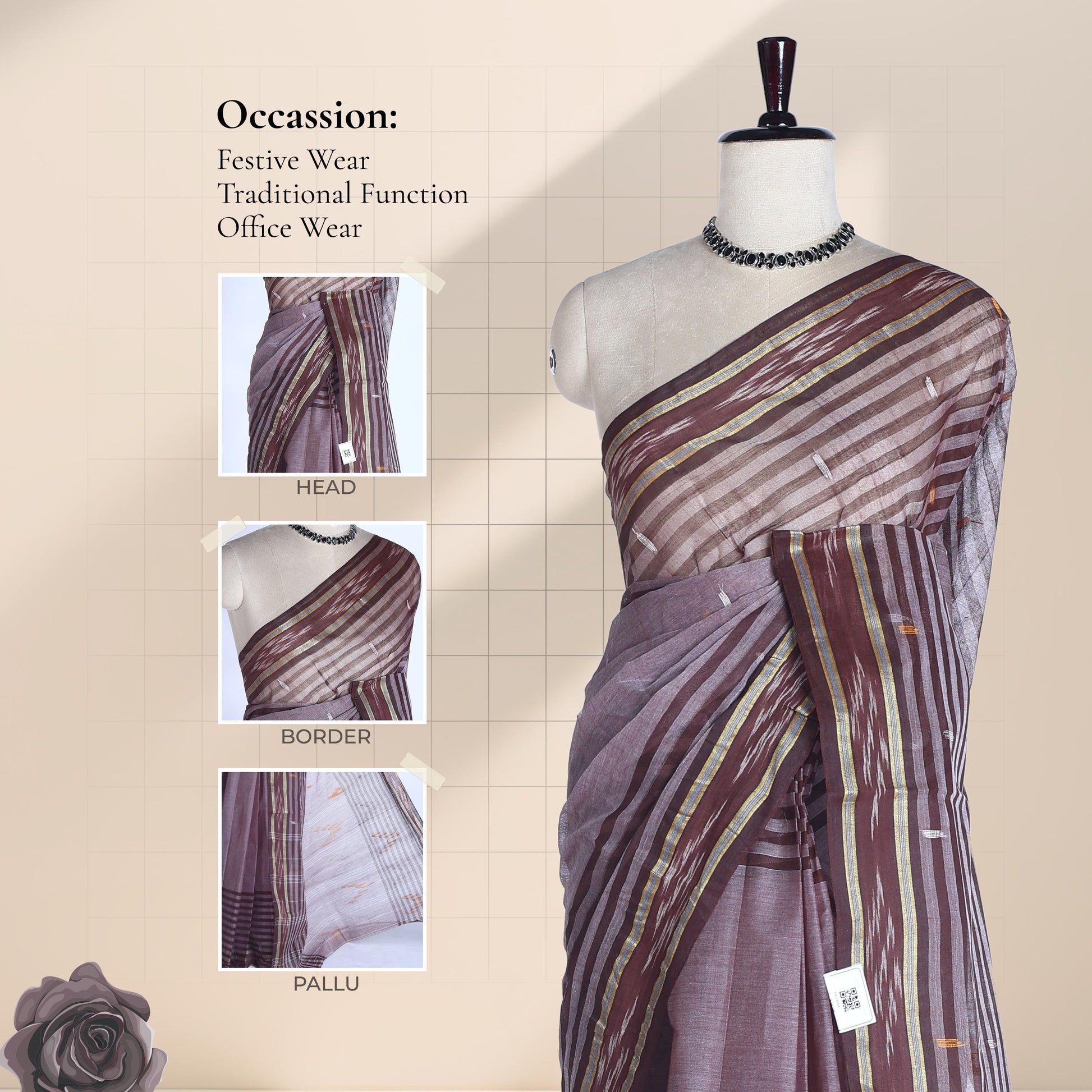 Dark Brown Bengal Cotton Saree Featuring Woven Stripes, Butta Motifs And Contrast Pallu Draped Front View