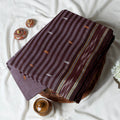 Dark Brown Bengal Cotton Saree With Striped Weave Contrast Border And Woven Motifs  Folded Product View