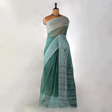 Dark Green Bengal Cotton Saree For Women | Daily Office Wear Summer Collection | Jeyachandran - Full View