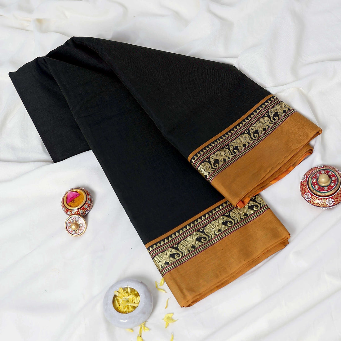 Bottle Green Mangalagiri Cotton Saree with Yellow Border and Pallu - Full View