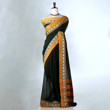 Dark Green Mangalagiri Cotton Saree with Yellow Border and Pallu - Full View