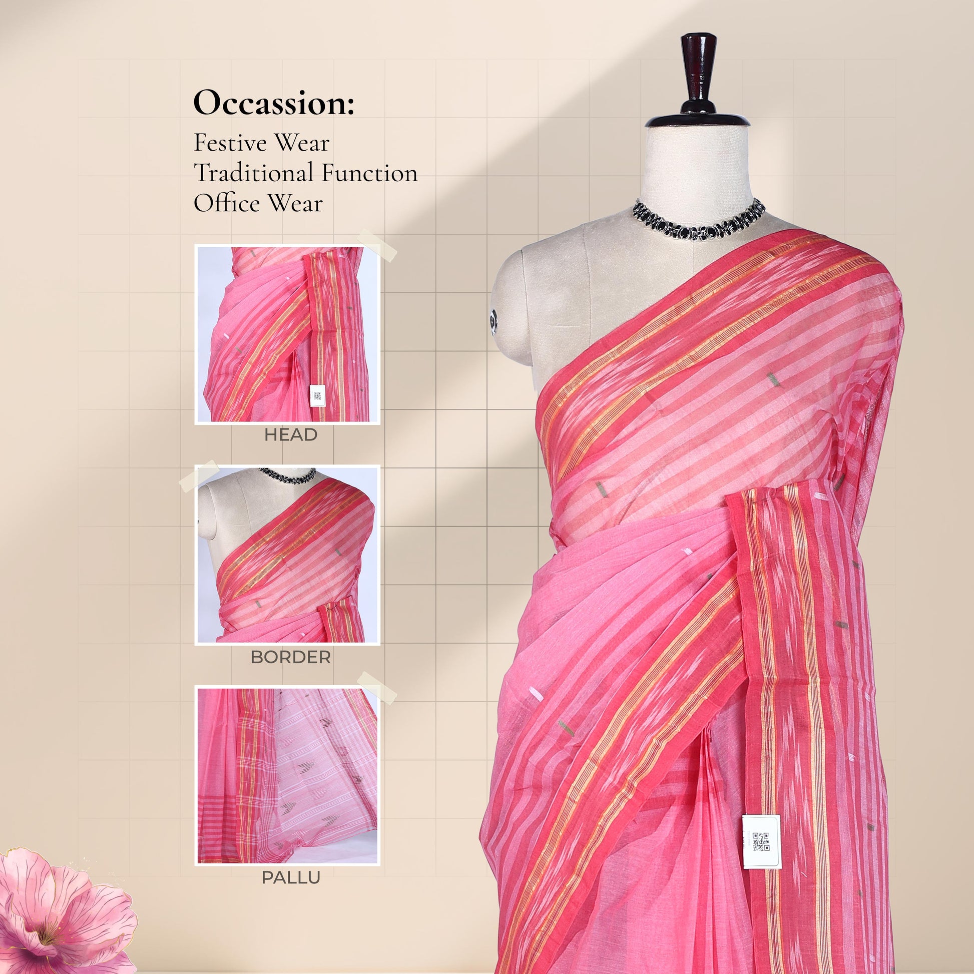 Dark Pink Bengal Cotton Saree Featuring Woven Stripes, Butta Motifs And Contrast Pallu Draped Front View