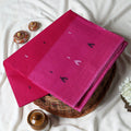 Dark Pink Bengal Cotton Saree With Contrast White Striped Border And Woven Motifs Close Up Draped View