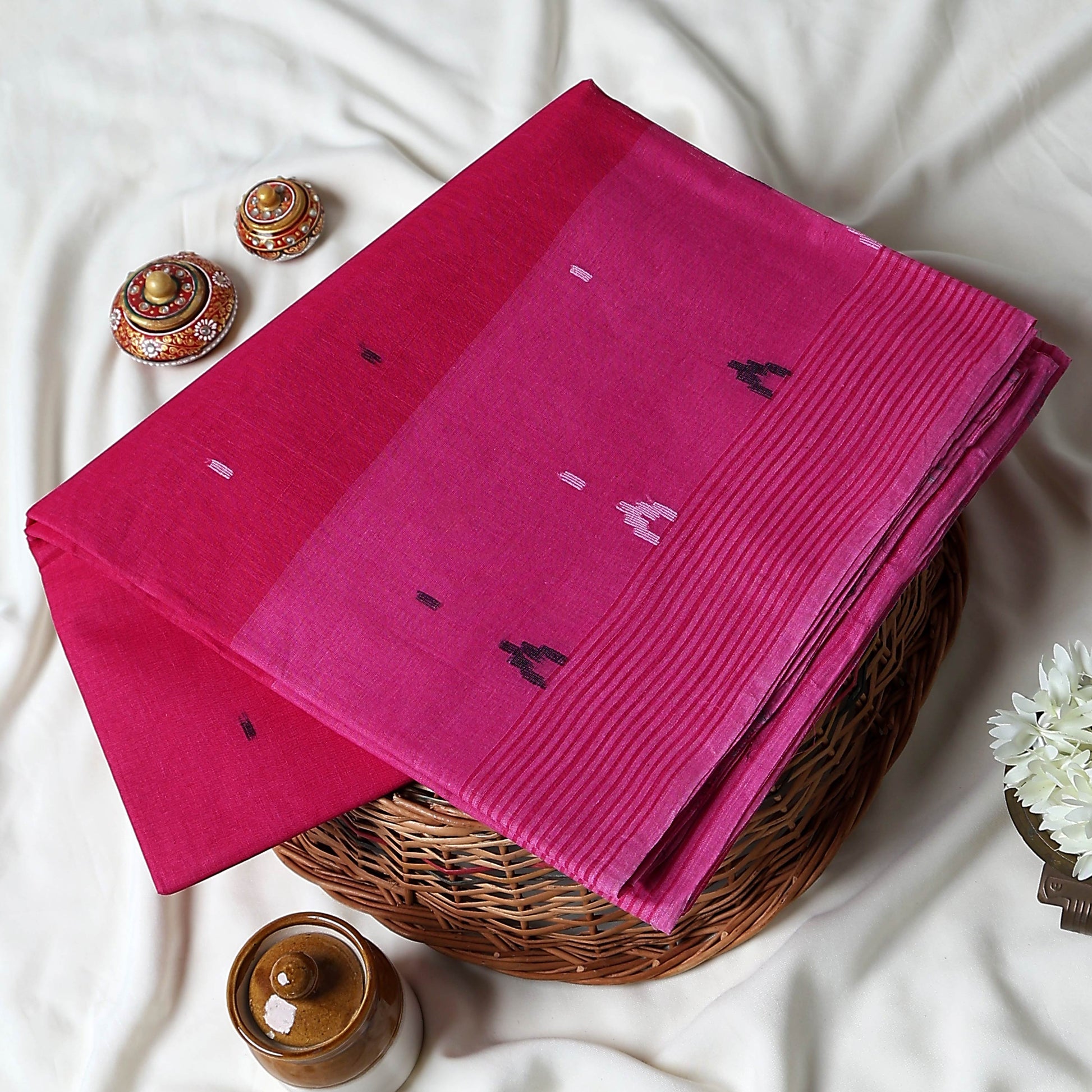 Dark Pink Bengal Cotton Saree With Contrast White Striped Border And Woven Motifs Close Up Draped View