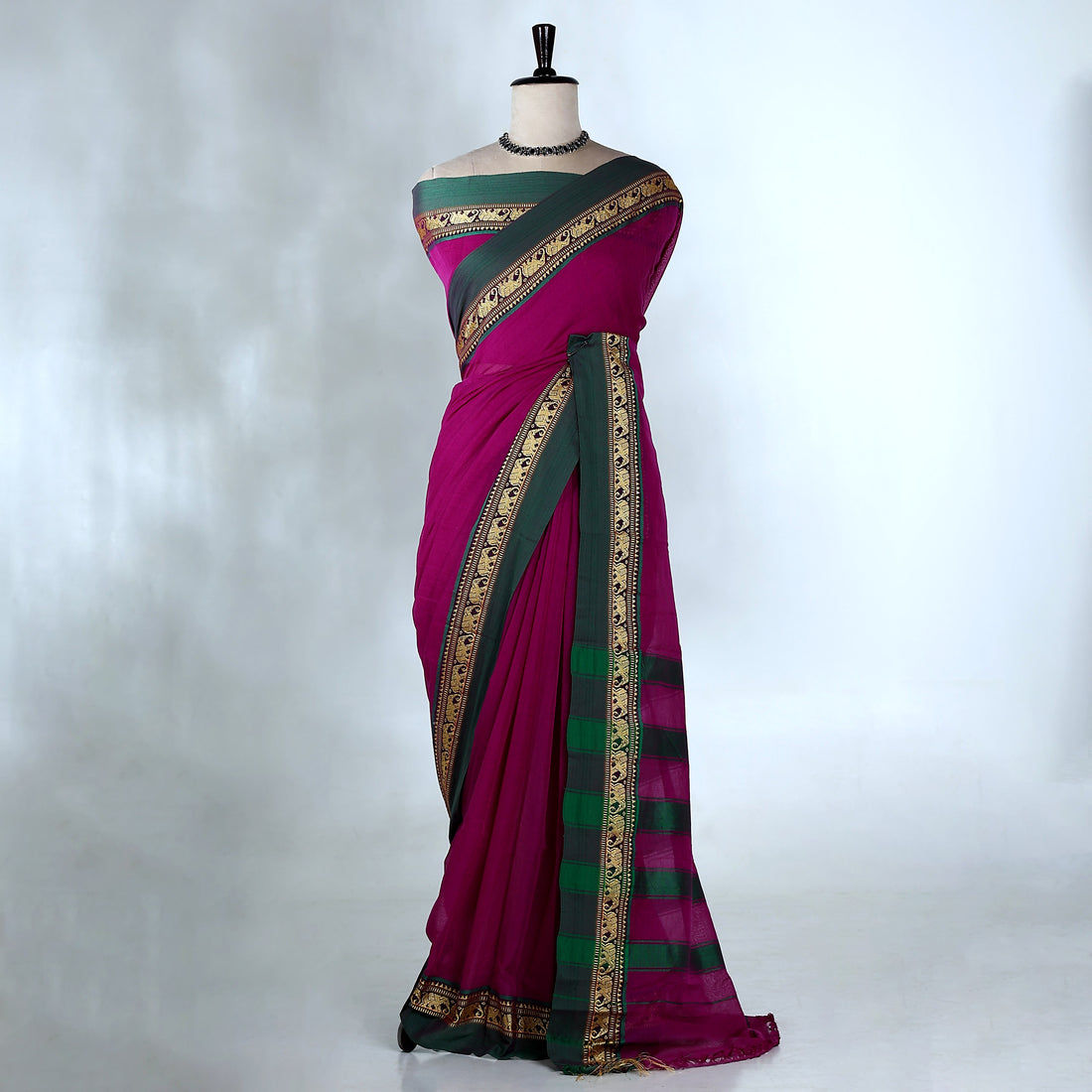 Dark Pink Mangalagiri Cotton Saree With Dark Green Border And Pallu - Full View
