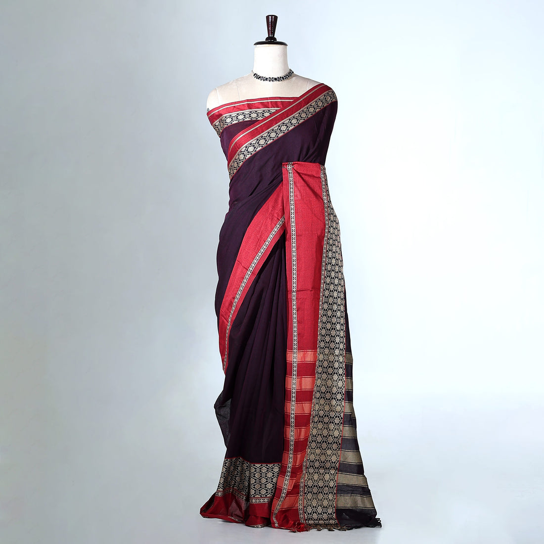 Dark Purple Mangalagiri Cotton Saree With Red Zari Border And Woven Pallu - Full View