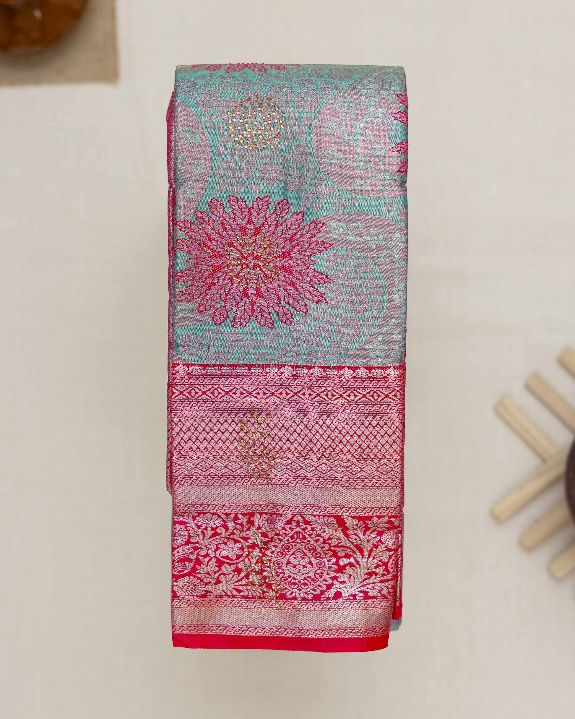 Designer Kanchipuram Tissue Silk Saree with Intricate Floral Zari Weaving and Stone Embellished Motifs - Green