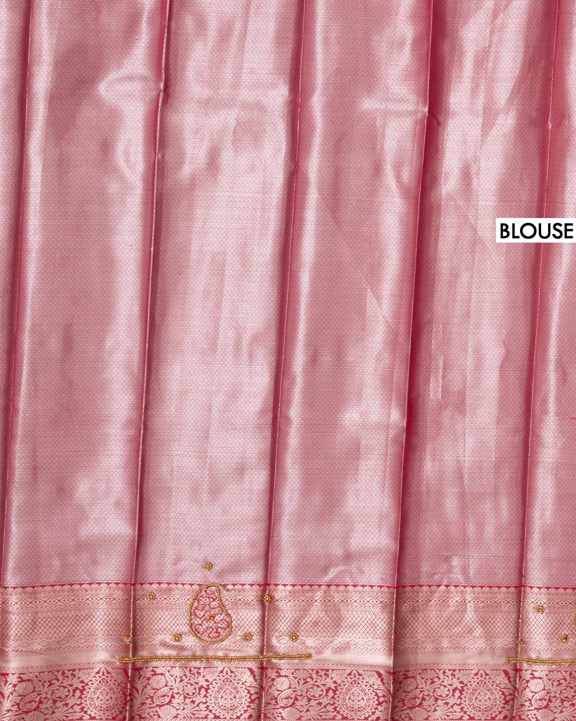 Designer Kanchipuram Tissue Silk Saree with Intricate Floral Zari Weaving and Stone Embellished Motifs - Pink-Blouse