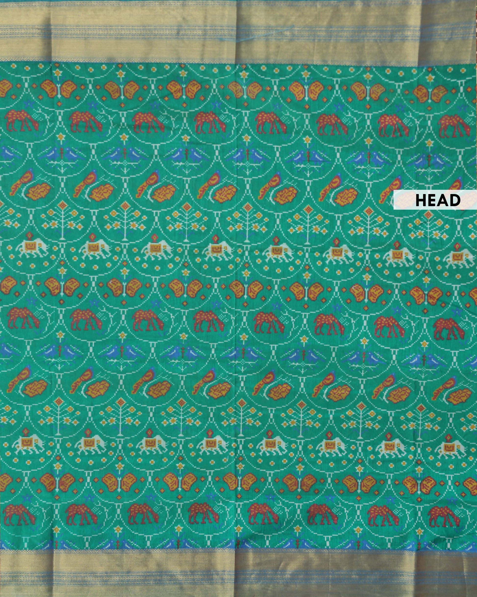 Designer Patola Saree with Intricate Elephant and Geometric Patterns - Green-Head