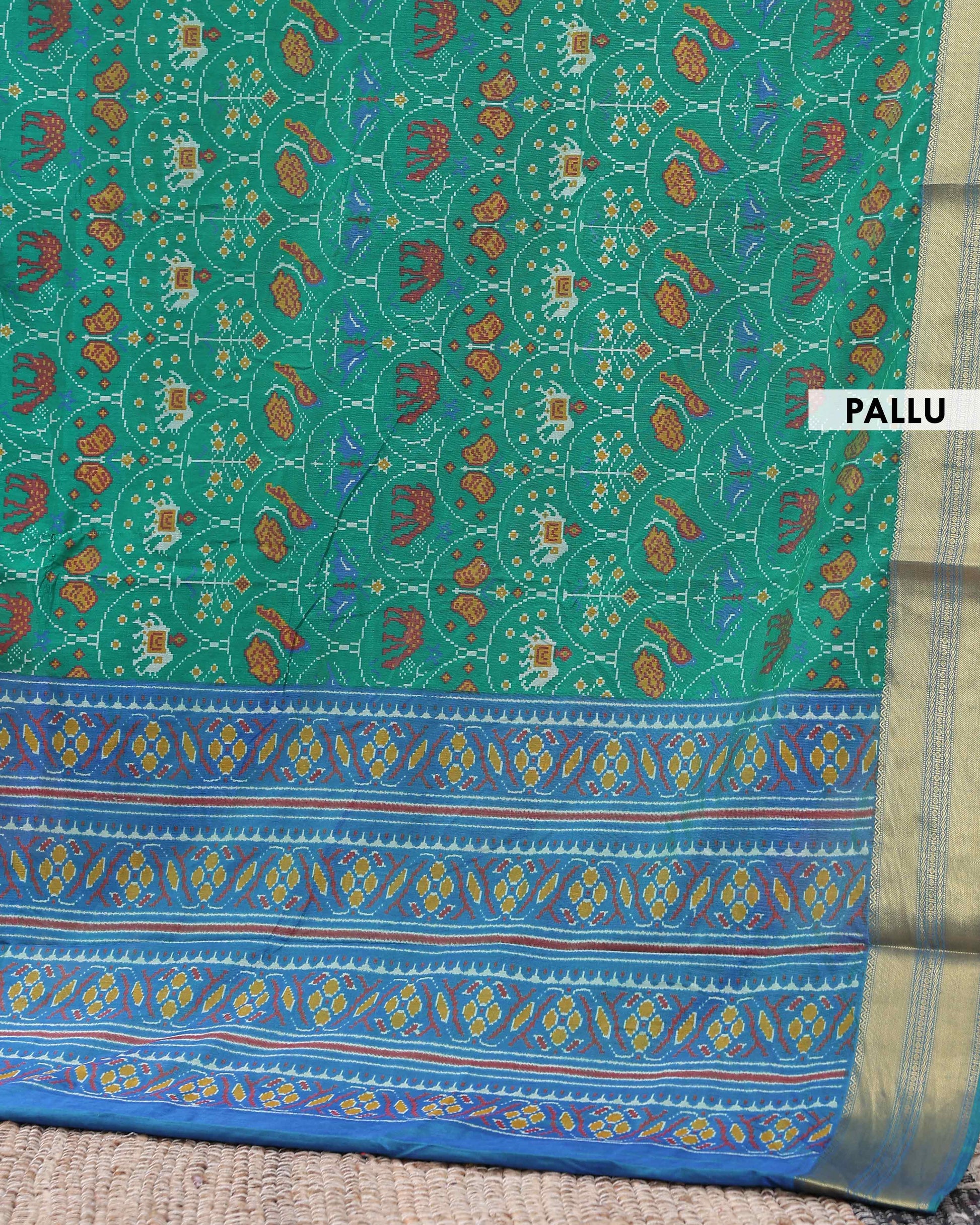 Designer Patola Saree with Intricate Elephant and Geometric Patterns - Green-pallu