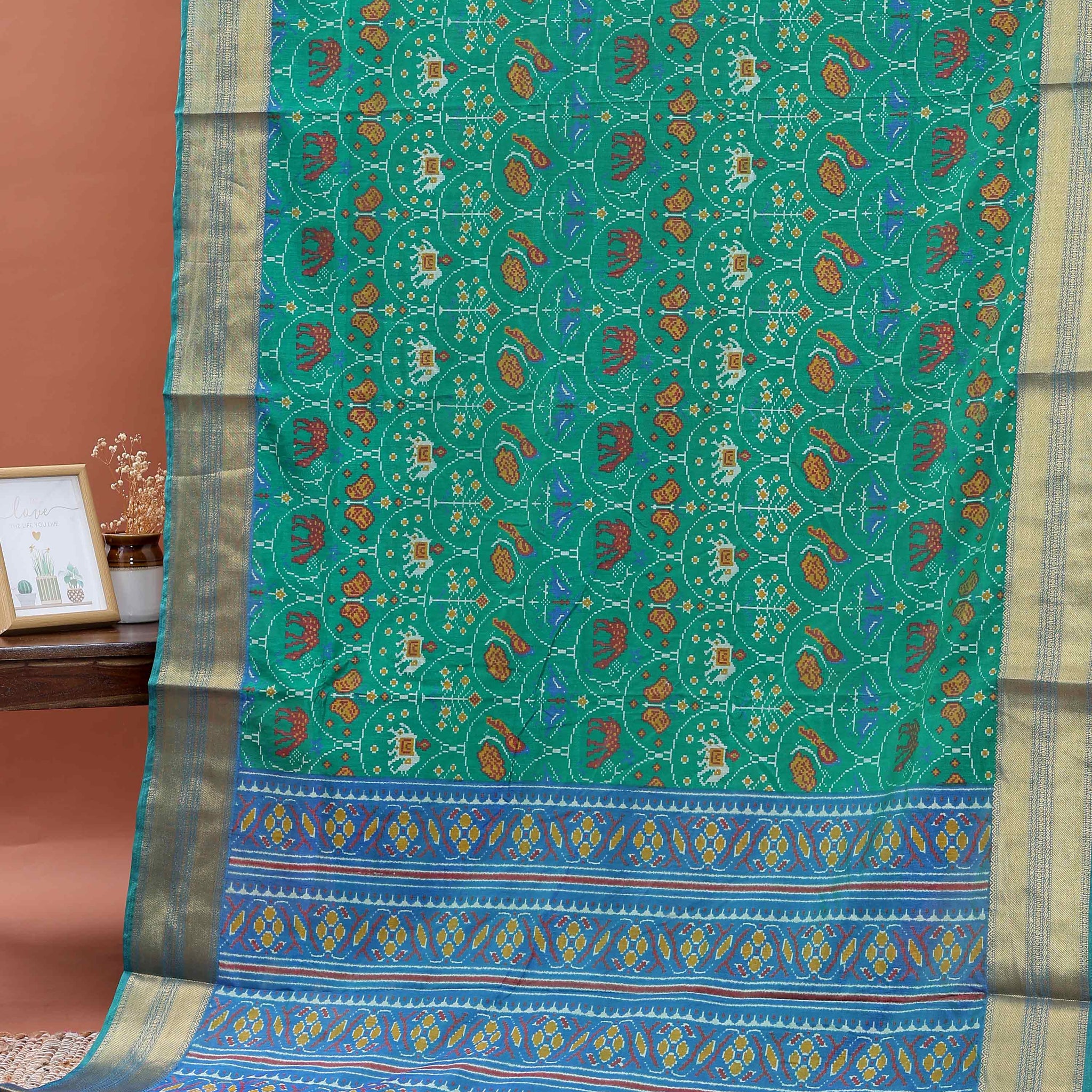 Designer Patola Saree with Intricate Elephant and Geometric Patterns - Green