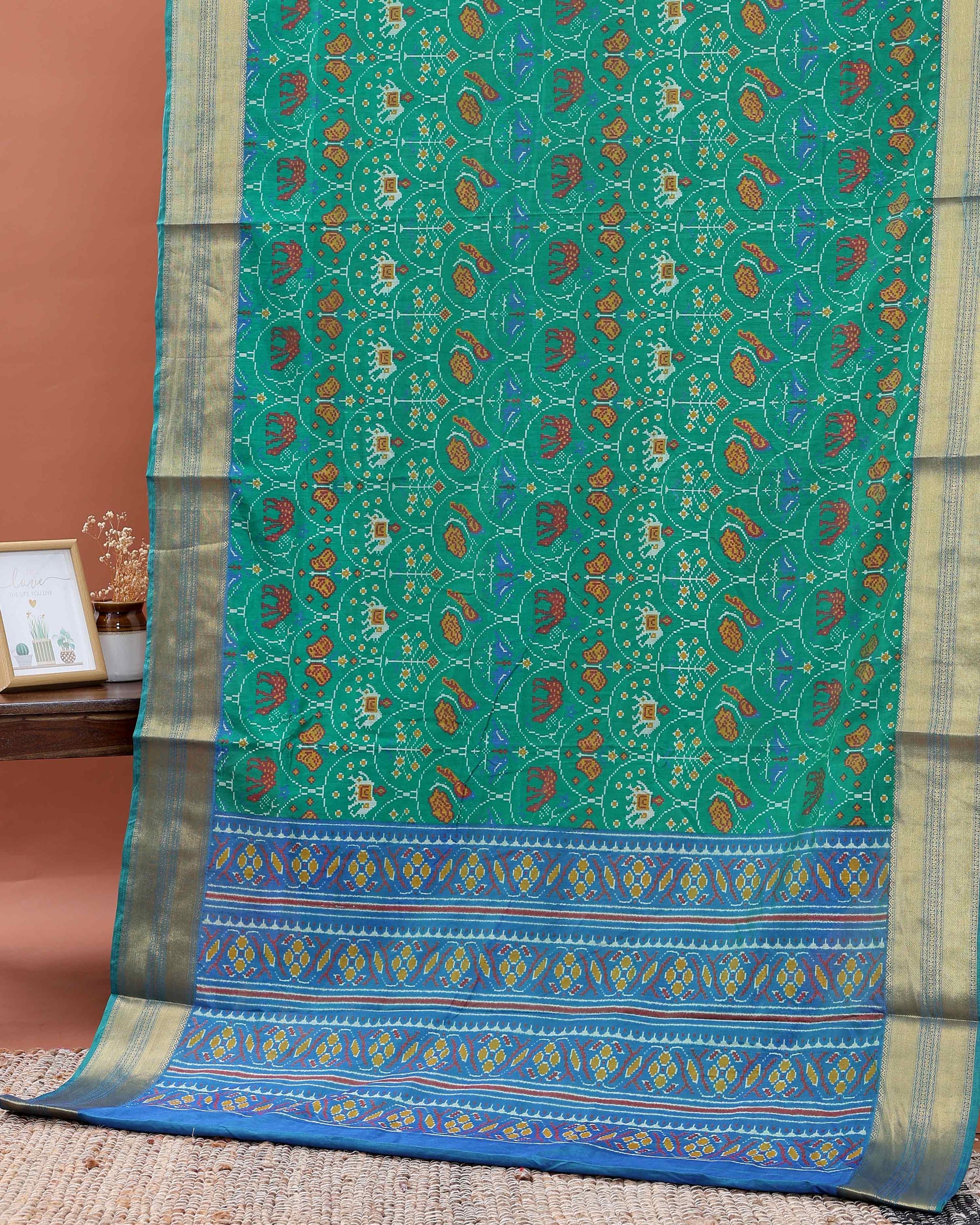 Designer Patola Saree with Intricate Elephant and Geometric Patterns - Green