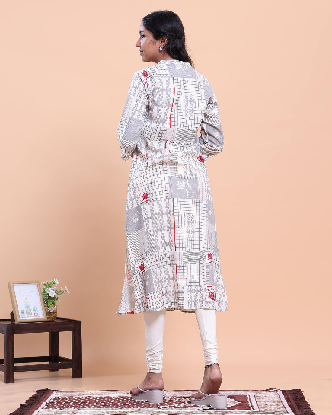 Designer Women's A-Line Kurta with Geometric Print and 3/4 Sleeves - Off White