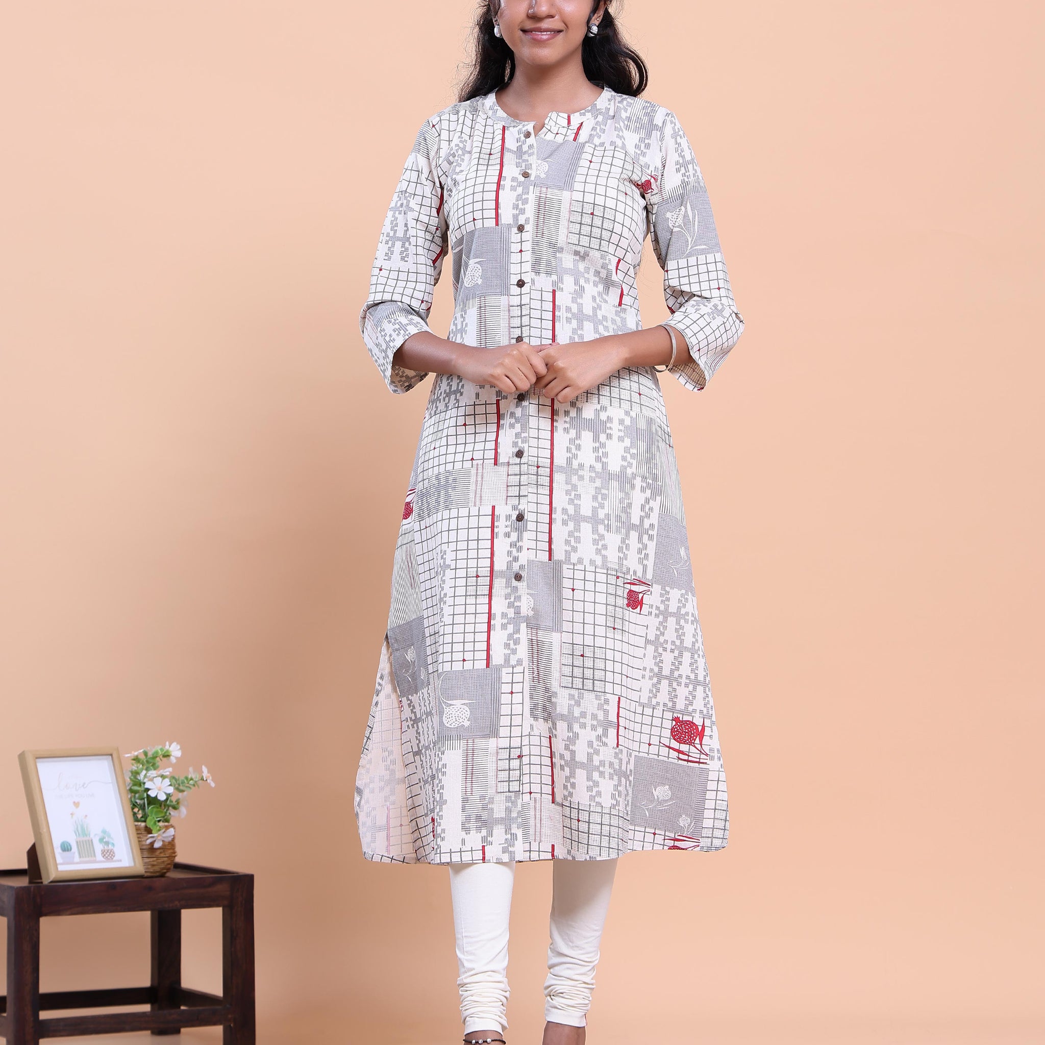 Designer Women's A-Line Kurta with Geometric Print and 3/4 Sleeves - Off White