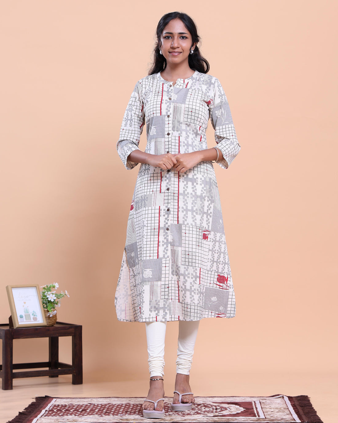 Designer Women's A-Line Kurta with Geometric Print and 3/4 Sleeves - Off White