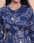 Designer Women's Floral Print Straight Kurta with Mandarin Collar - Navy Blue