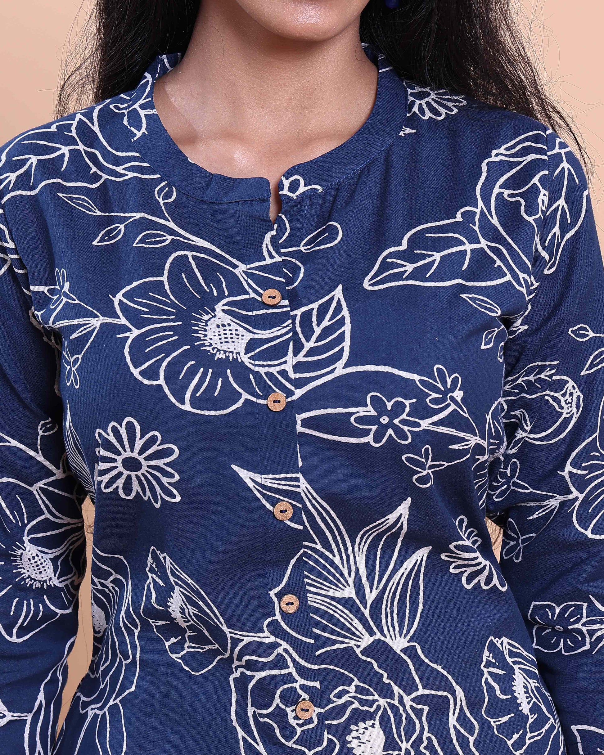 Designer Women's Floral Print Straight Kurta with Mandarin Collar - Navy Blue