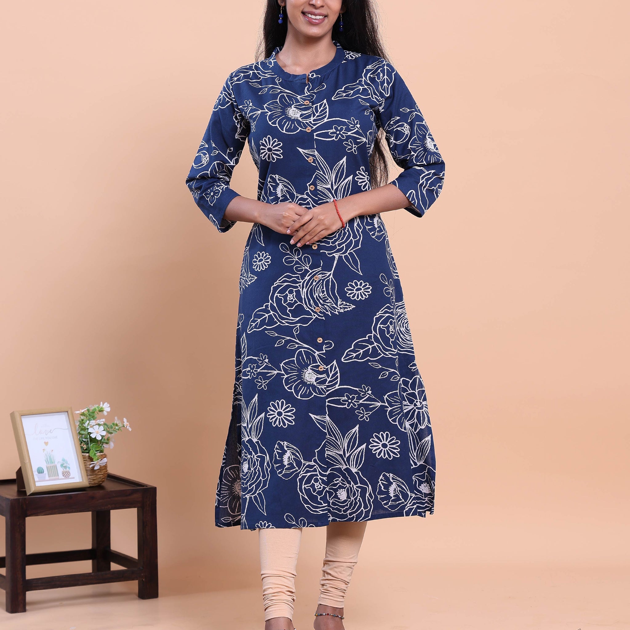 Designer Women's Floral Print Straight Kurta with Mandarin Collar - Navy Blue