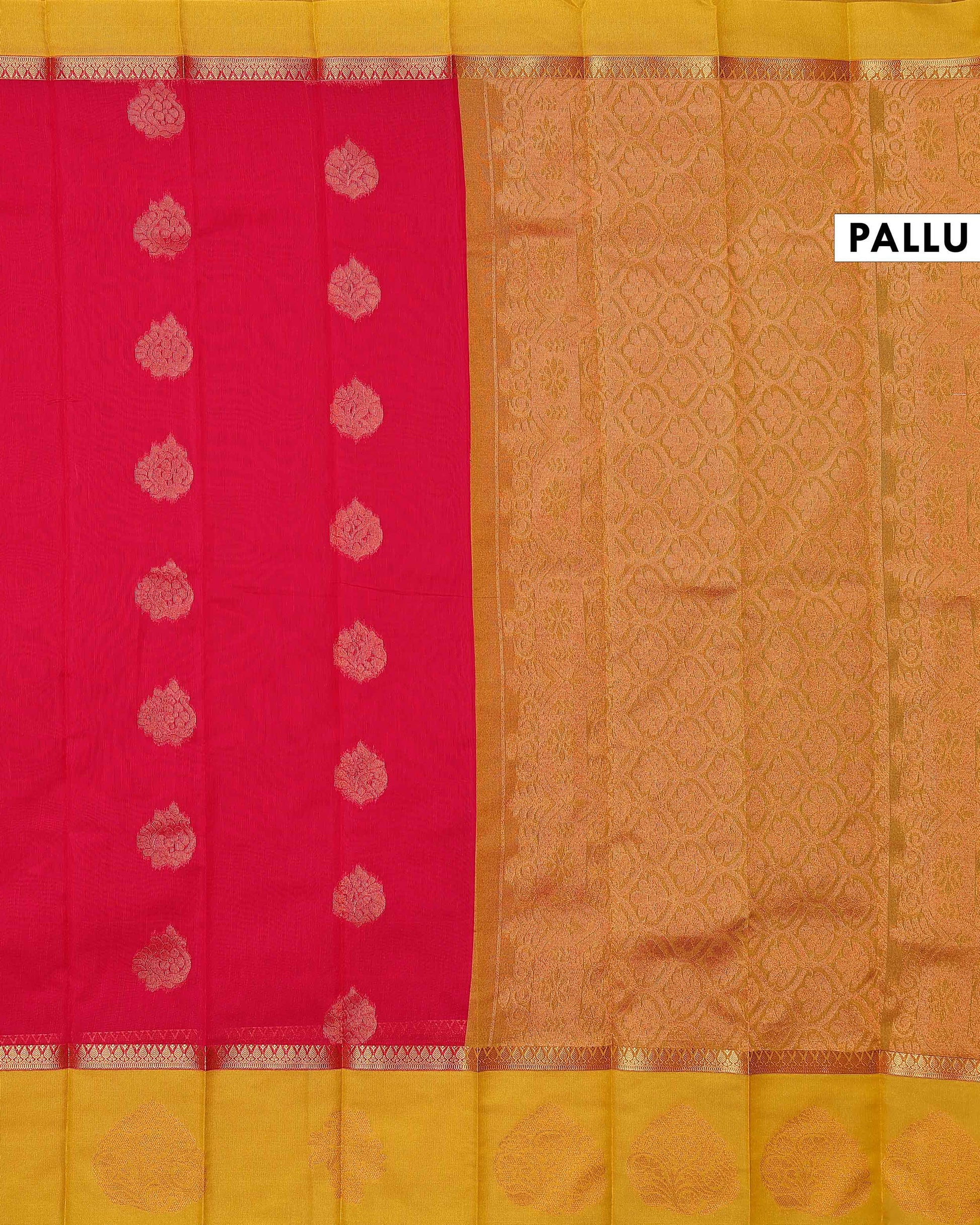 Elampillai Handwoven Silk Cotton Saree with Intricate Zari Woven Contrast Korvai Border - Dark Pink