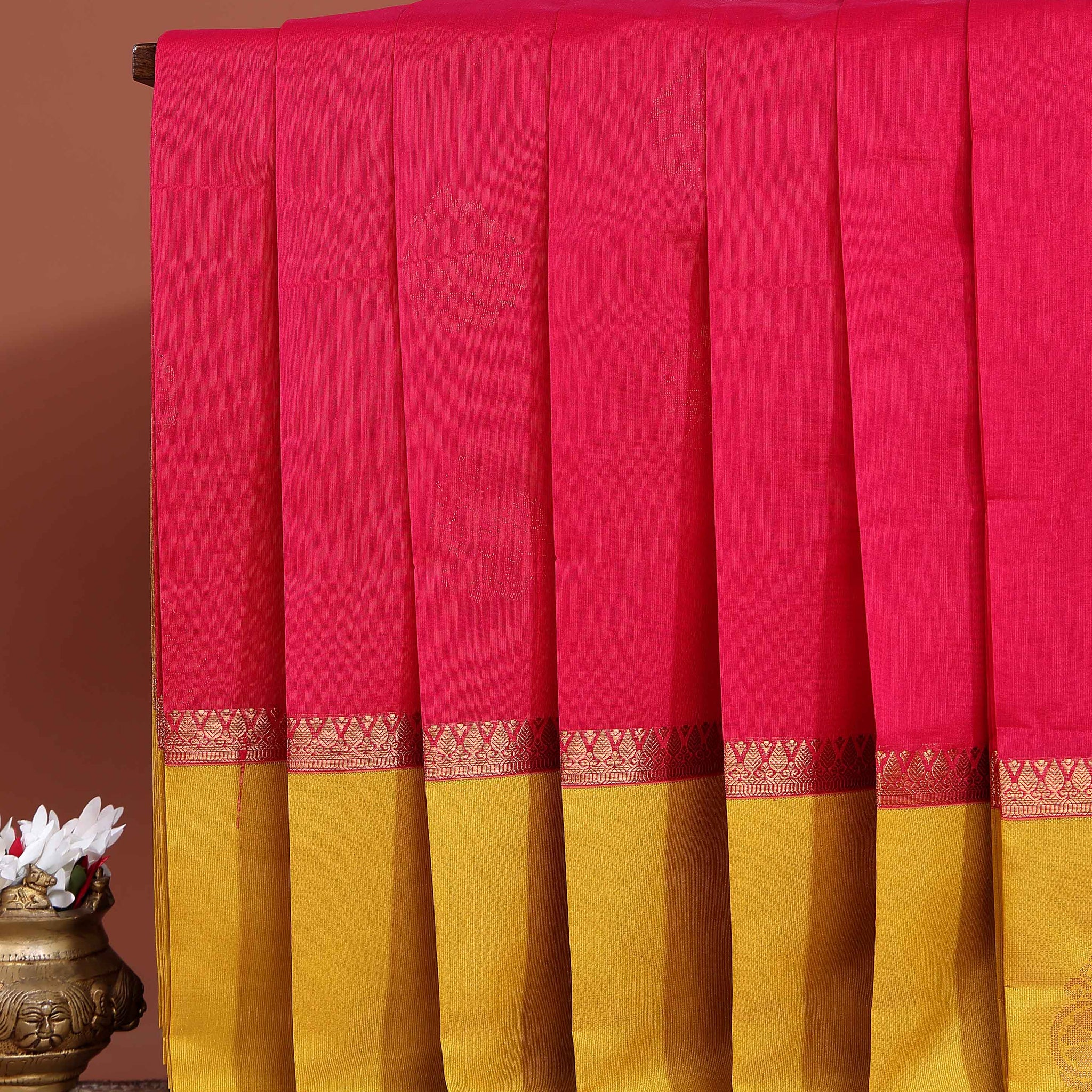 Elampillai Handwoven Silk Cotton Saree with Intricate Zari Woven Contrast Korvai Border - Dark Pink