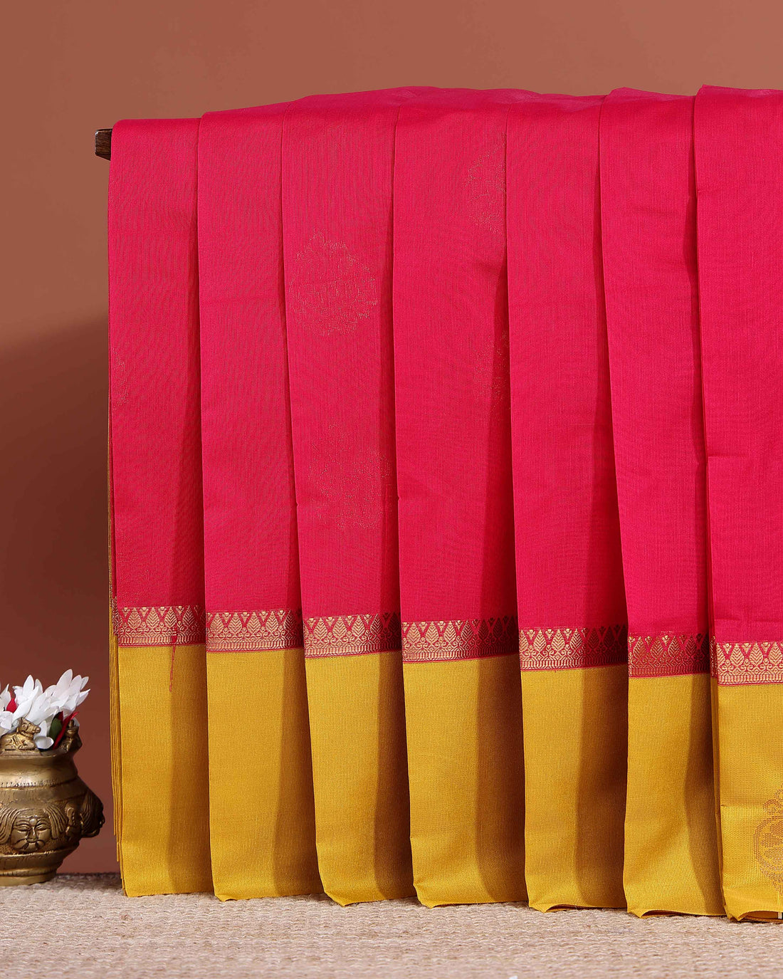 Elampillai Handwoven Silk Cotton Saree with Intricate Zari Woven Contrast Korvai Border - Dark Pink