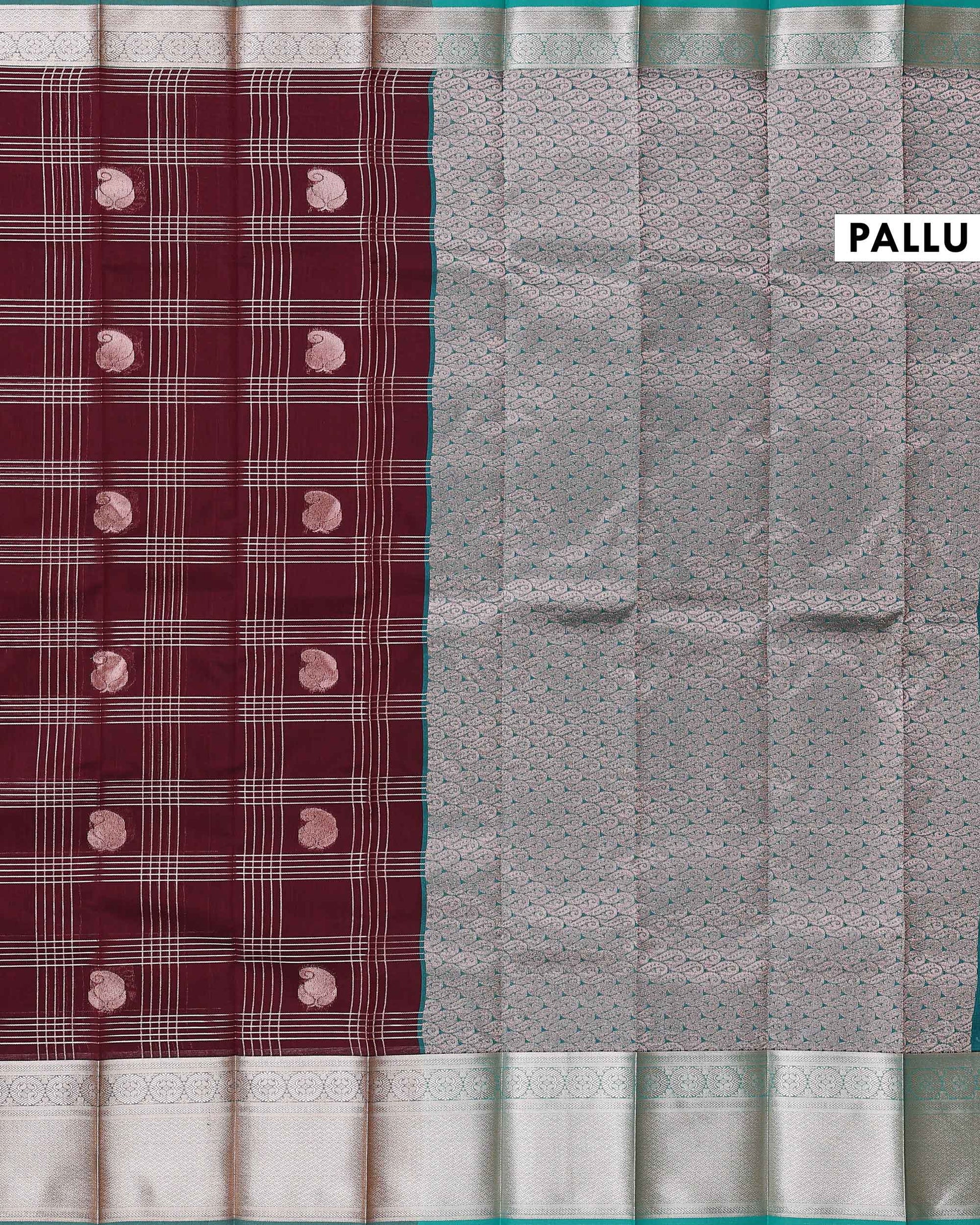 Elampillai Silk Cotton Saree with Checked Weave Paisley Motif Buttas and Intricate Zari Woven Border - Dark Maroon