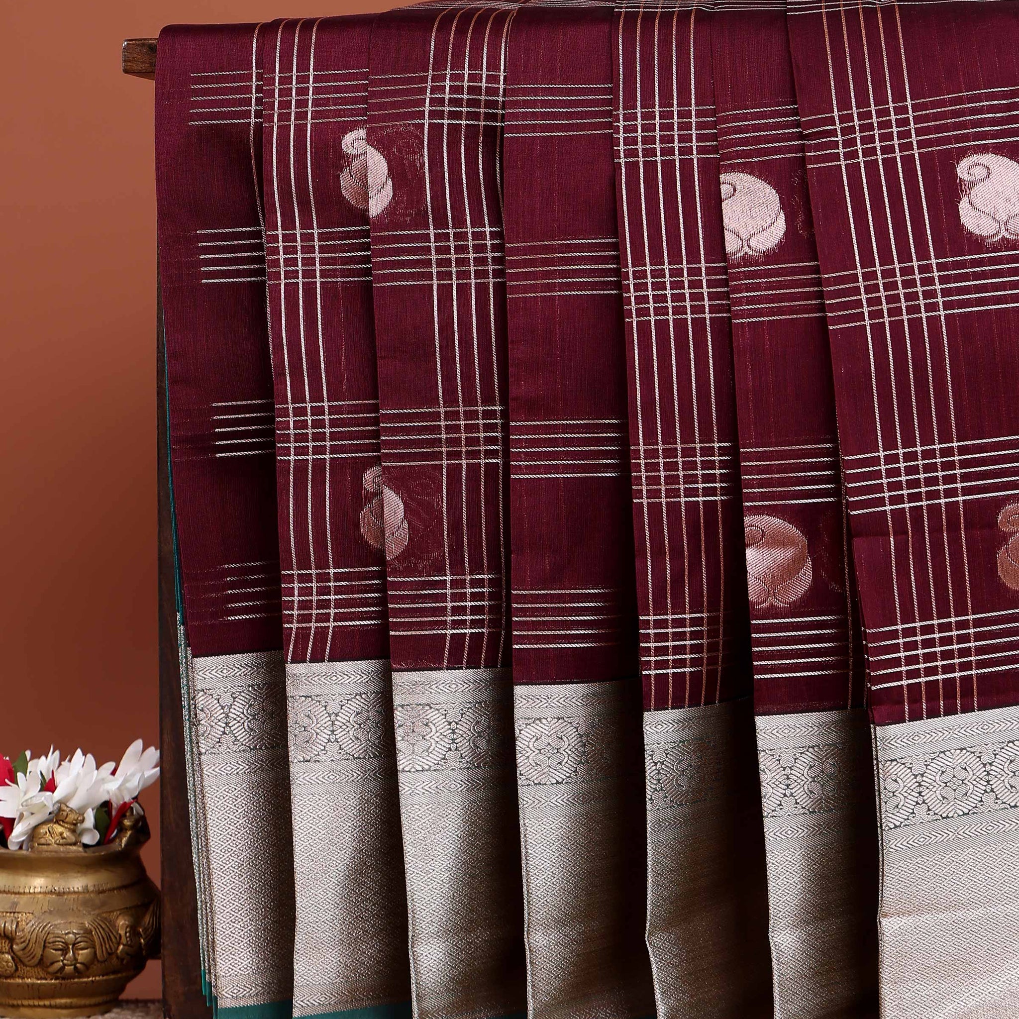 Elampillai Silk Cotton Saree with Checked Weave Paisley Motif Buttas and Intricate Zari Woven Border - Dark Maroon