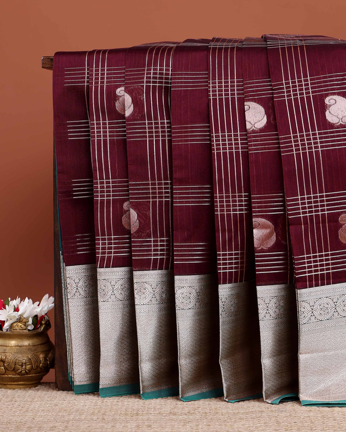 Elampillai Silk Cotton Saree with Checked Weave Paisley Motif Buttas and Intricate Zari Woven Border - Dark Maroon