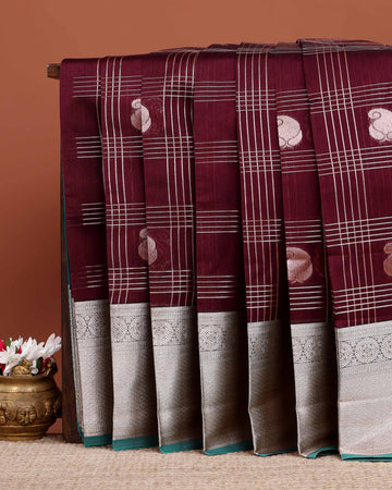 Elampillai Silk Cotton Saree with Checked Weave Paisley Motif Buttas and Intricate Zari Woven Border - Dark Maroon