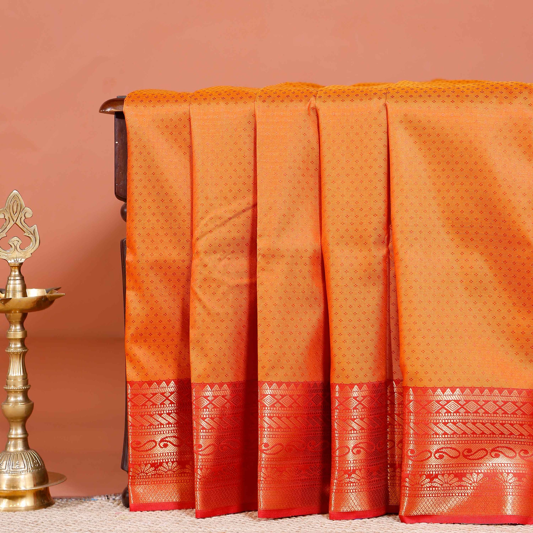 Elampillai Silk Cotton Saree with Intricate Zari Weave and Traditional Border Design- Orange-MAIN