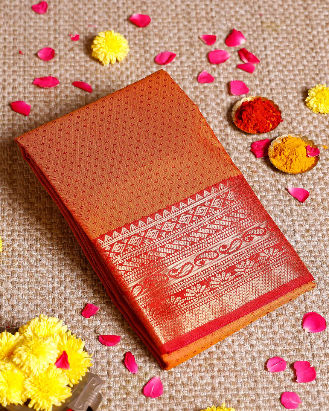 Elampillai Silk Cotton Saree with Intricate Zari Weave and Traditional Border Design- Orange-MAIN