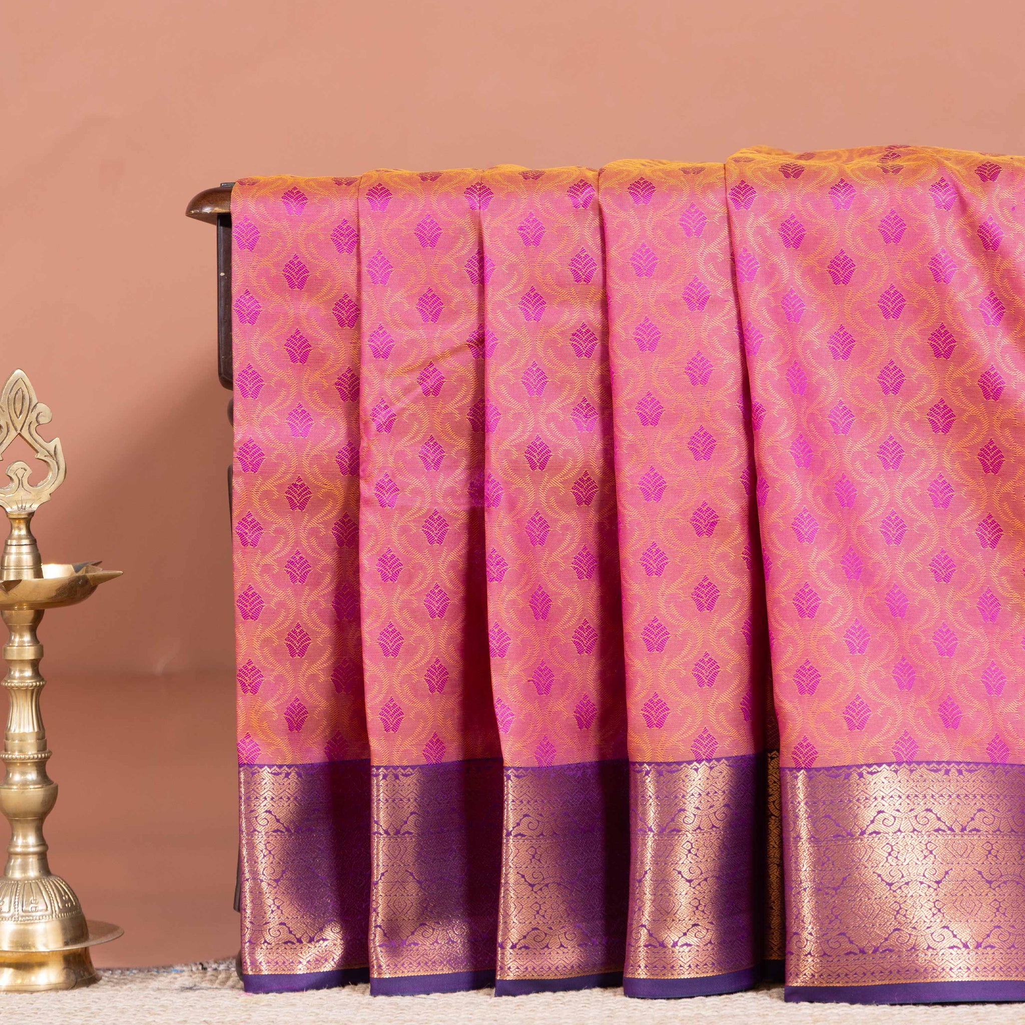 Elampillai Silk Cotton Saree with Traditional Zari Motifs and Rich Border - Coral Pink