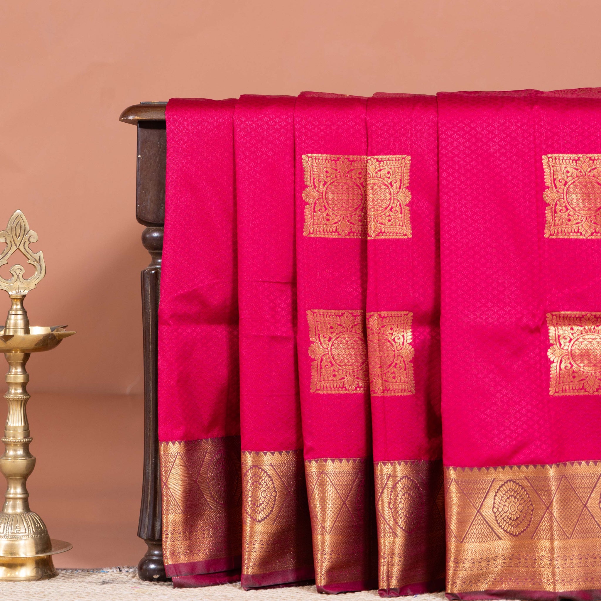 Elampillai Silk Cotton Saree with Zari Motifs and Contrasting Border - Magenta