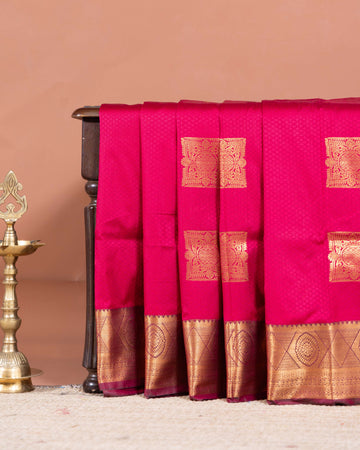 Elampillai Silk Cotton Saree with Zari Motifs and Contrasting Border - Magenta