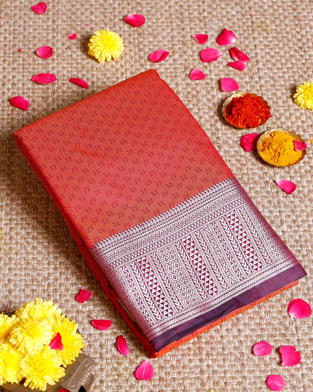 Elampillai Silk Cotton Saree with Zari Woven Border and Traditional Motifs - Dark Orange