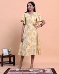 Eleagant Women's Printed A-Line Midi Kurta with Layered Ruffle Sleeves - Yellow