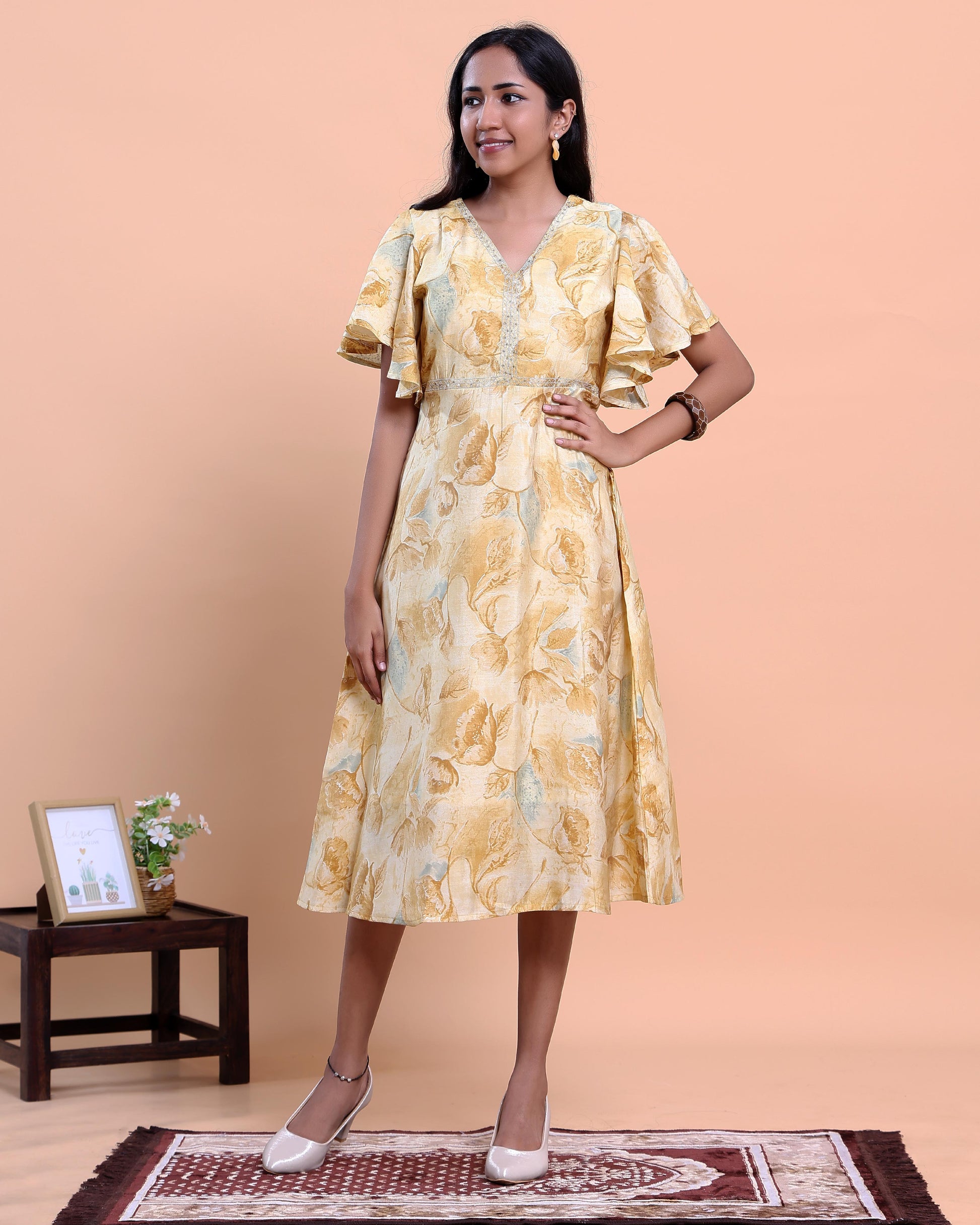Eleagant Women's Printed A-Line Midi Kurta with Layered Ruffle Sleeves - Yellow