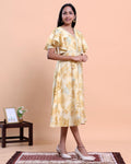 Eleagant Women's Printed A-Line Midi Kurta with Layered Ruffle Sleeves - Yellow