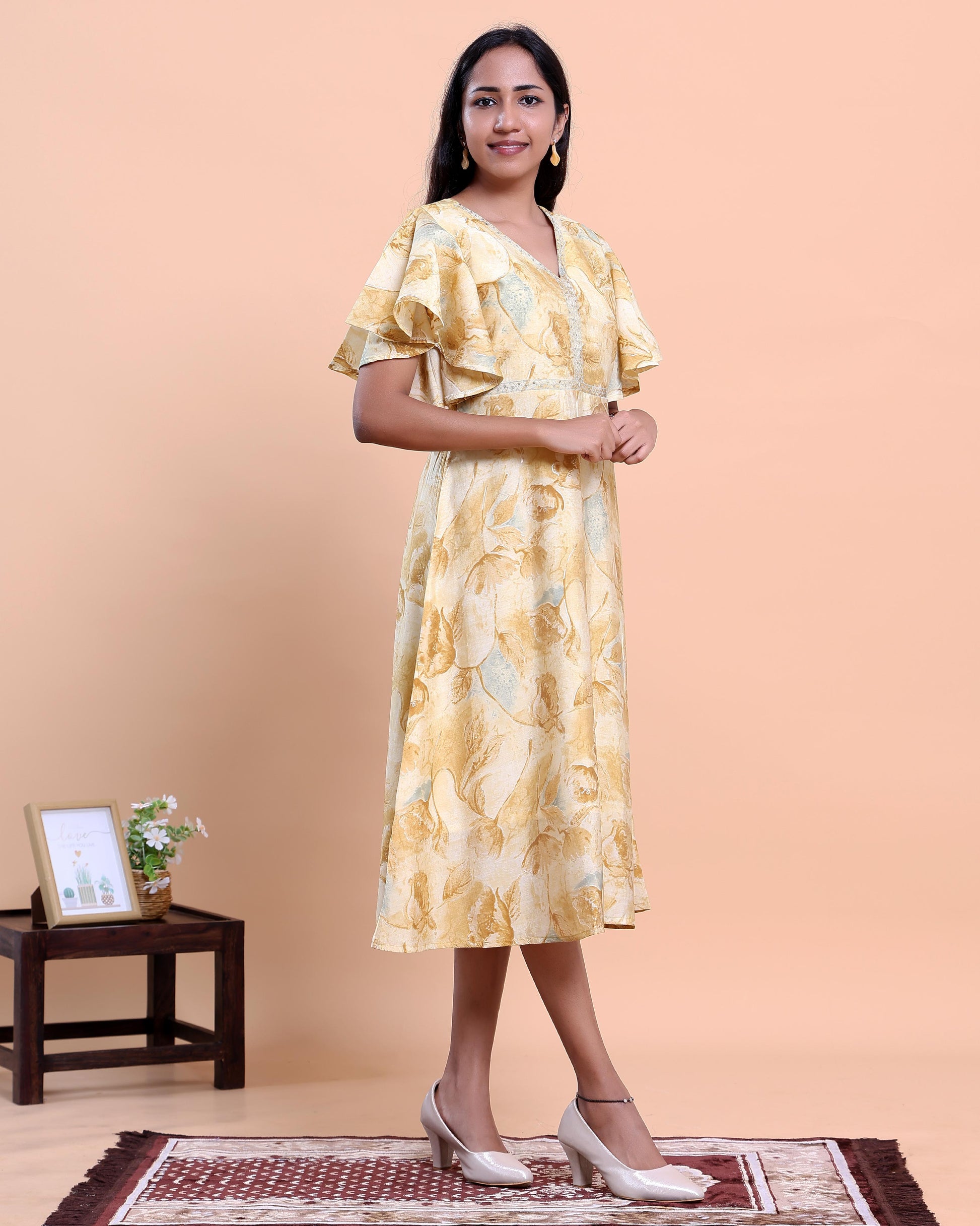 Eleagant Women's Printed A-Line Midi Kurta with Layered Ruffle Sleeves - Yellow