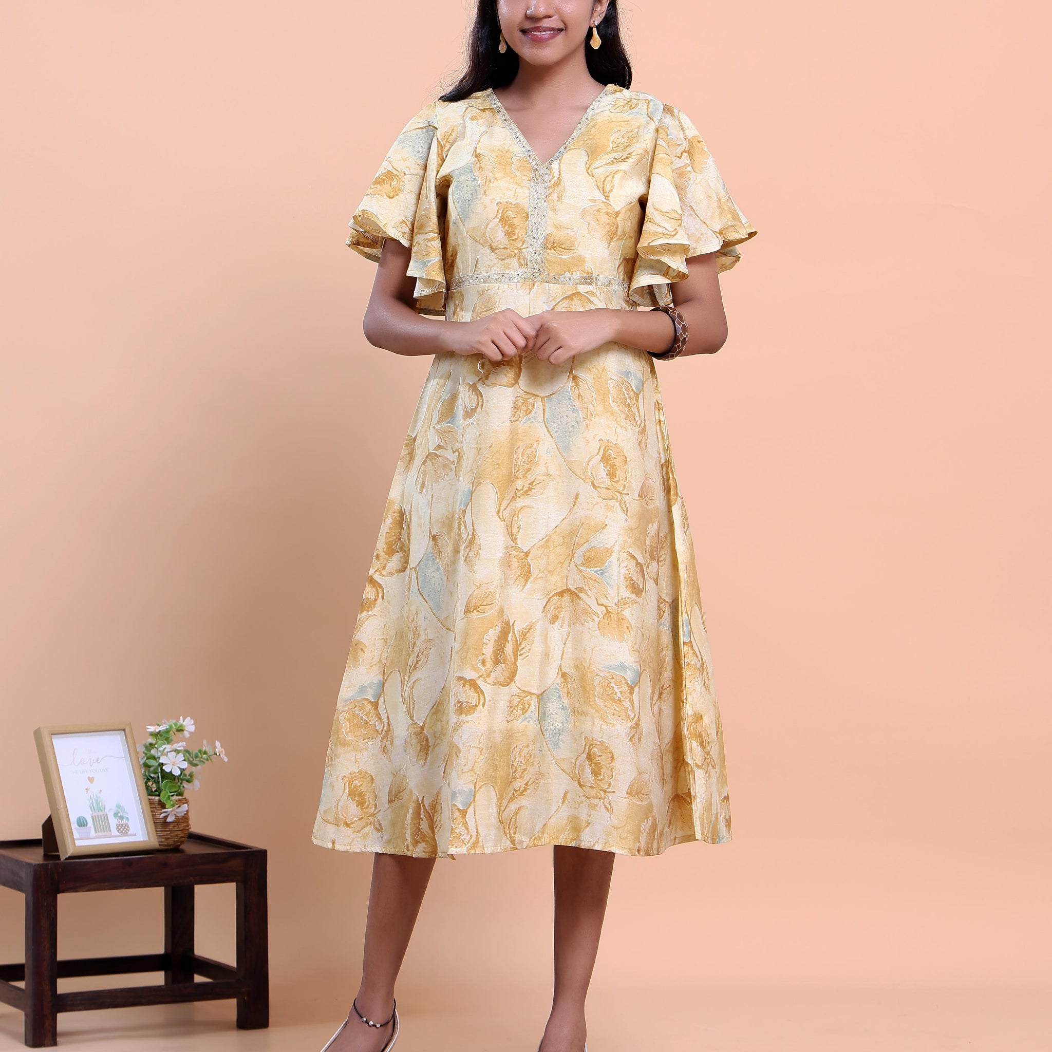 Eleagant Women's Printed A-Line Midi Kurta with Layered Ruffle Sleeves - Yellow