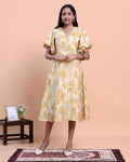 Eleagant Women's Printed A-Line Midi Kurta with Layered Ruffle Sleeves - Yellow