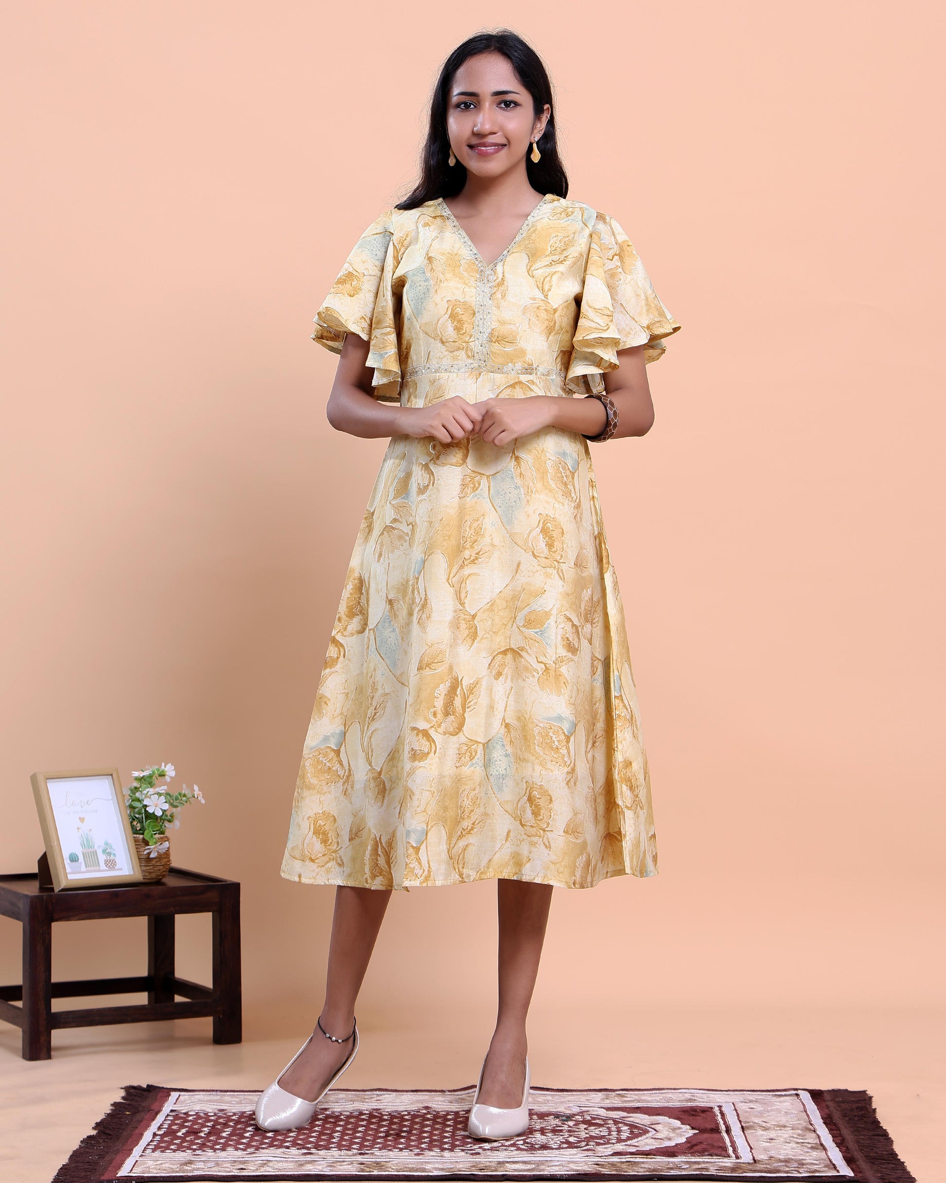 Eleagant Women's Printed A-Line Midi Kurta with Layered Ruffle Sleeves - Yellow