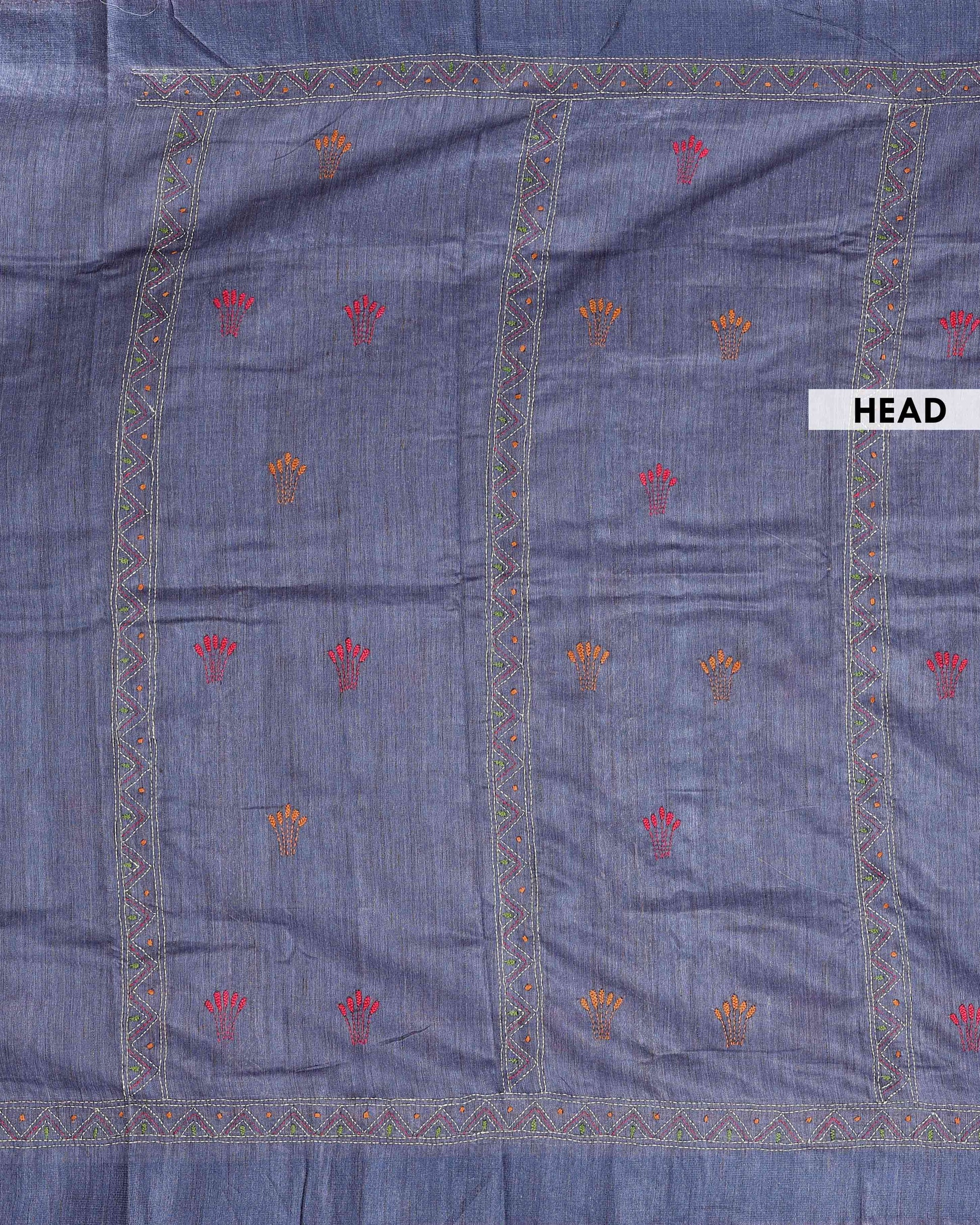 Eleagnt Kantha Work Saree with Floral and Geometric Motifs - Blue