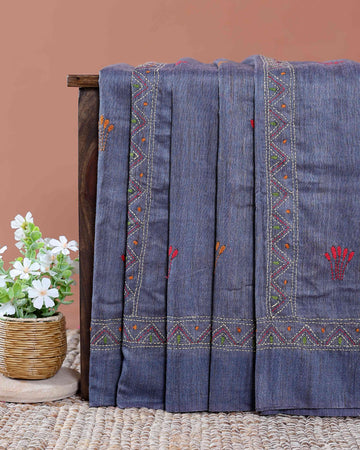 Eleagnt Kantha Work Saree with Floral and Geometric Motifs - Blue