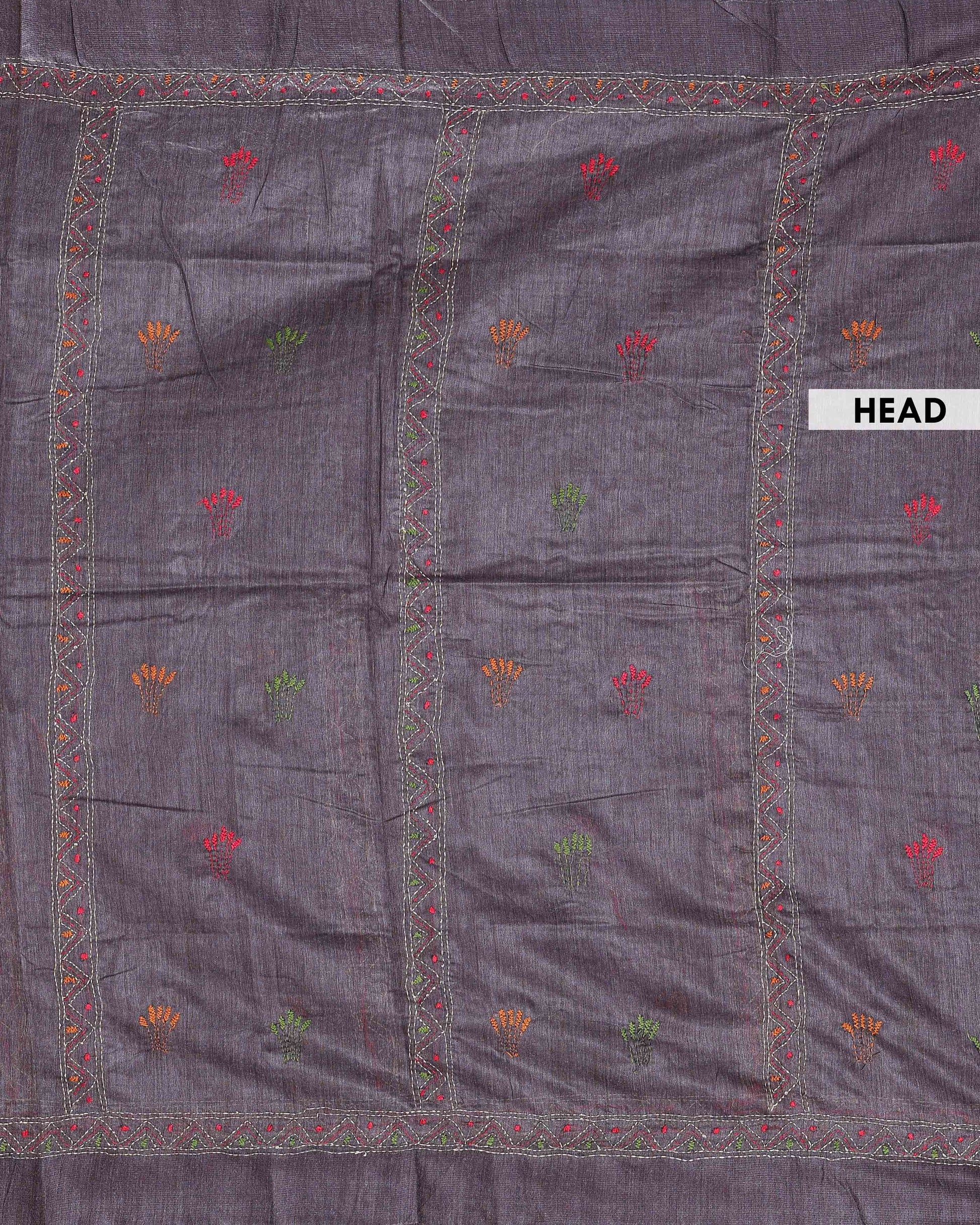 Eleagnt Kantha Work Saree with Floral and Geometric Motifs - Dark Grey