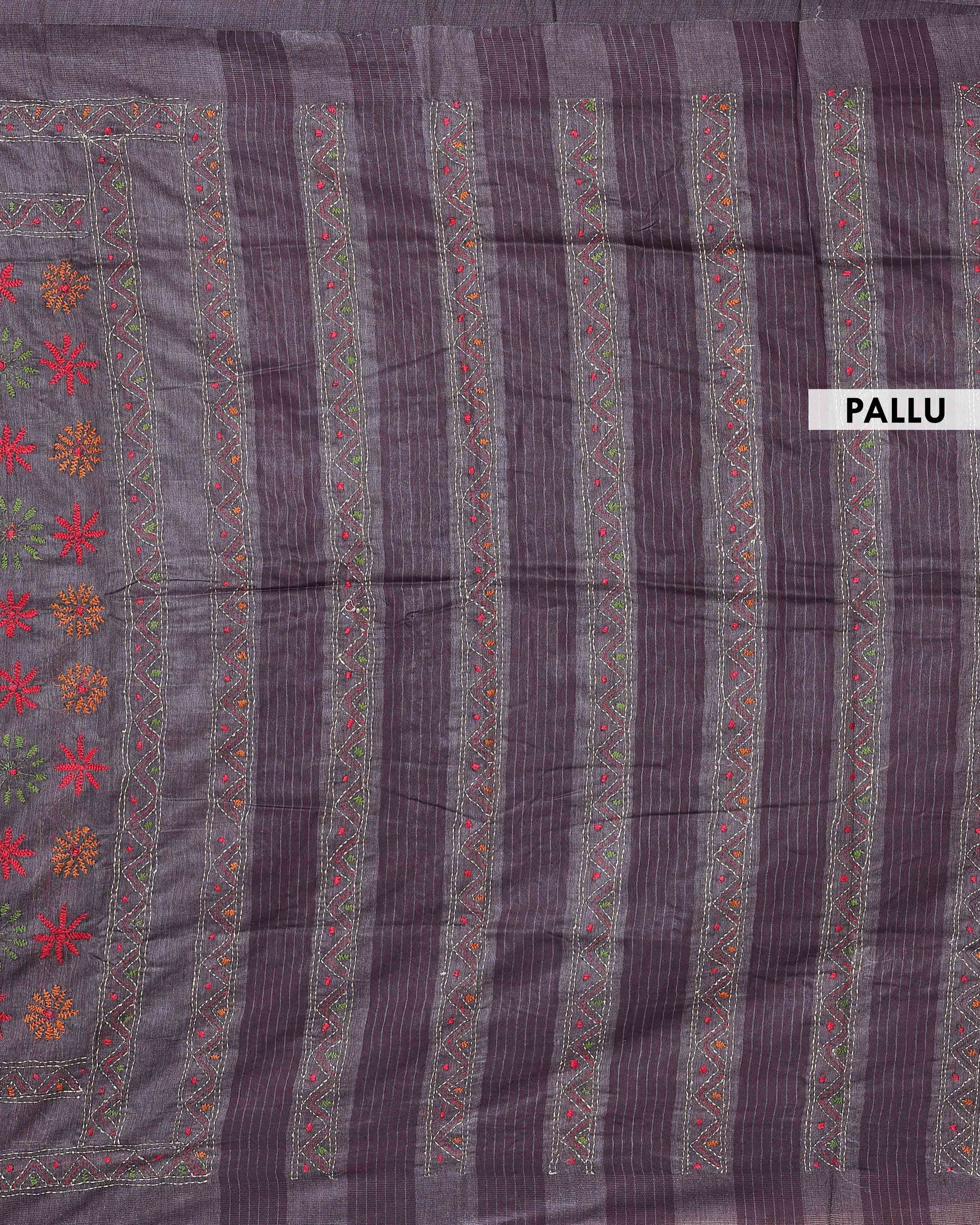 Eleagnt Kantha Work Saree with Floral and Geometric Motifs - Dark Grey