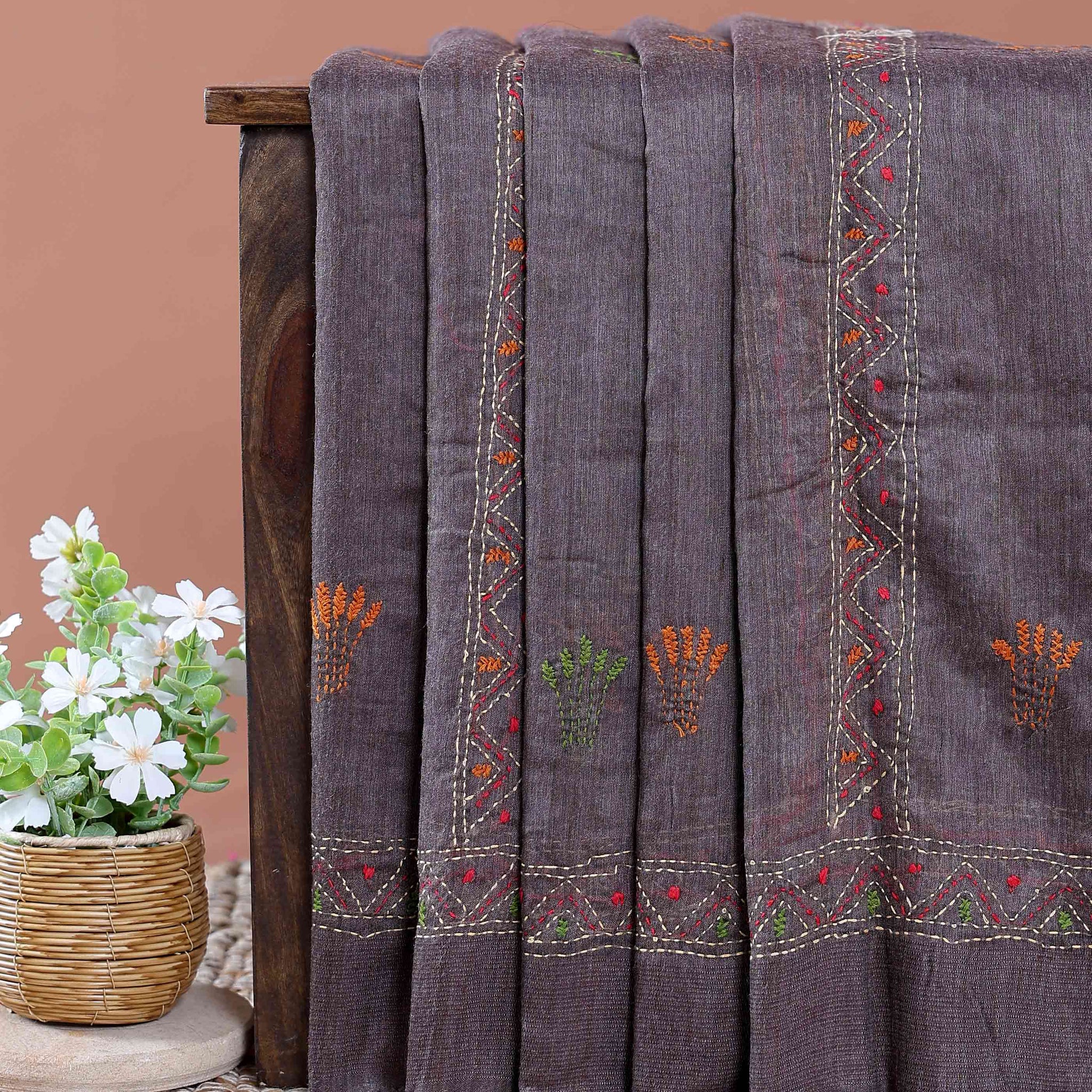 Eleagnt Kantha Work Saree with Floral and Geometric Motifs - Dark Grey