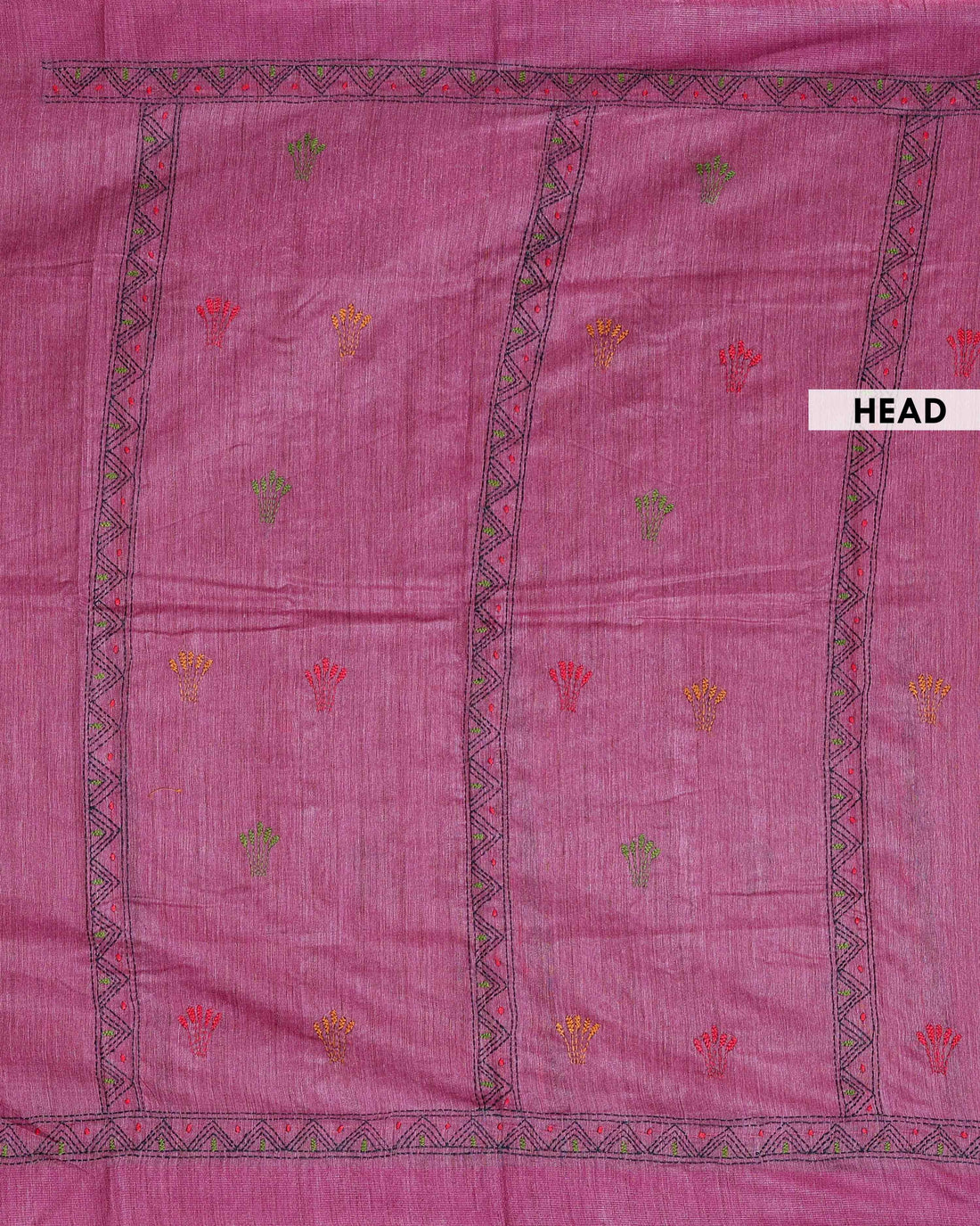 Eleagnt Kantha Work Saree with Floral and Geometric Motifs - Dark Pink