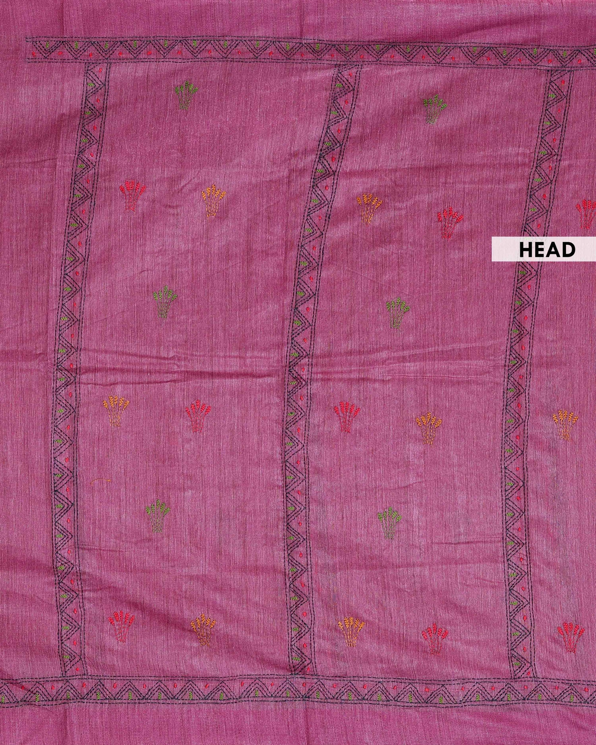 Eleagnt Kantha Work Saree with Floral and Geometric Motifs - Dark Pink