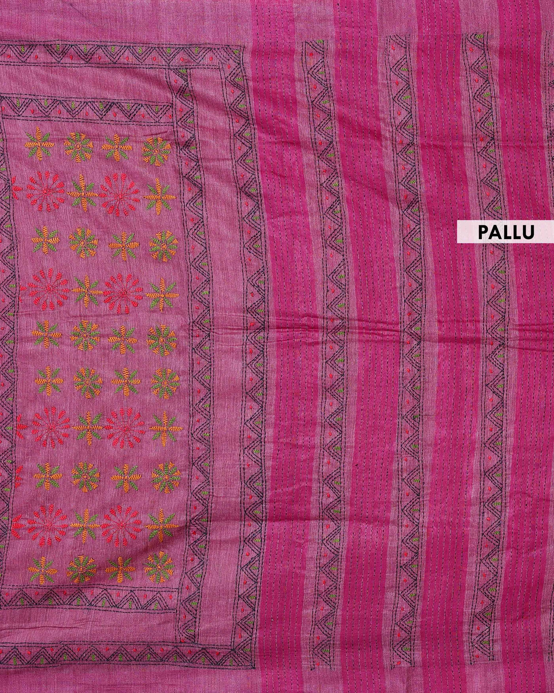 Eleagnt Kantha Work Saree with Floral and Geometric Motifs - Dark Pink